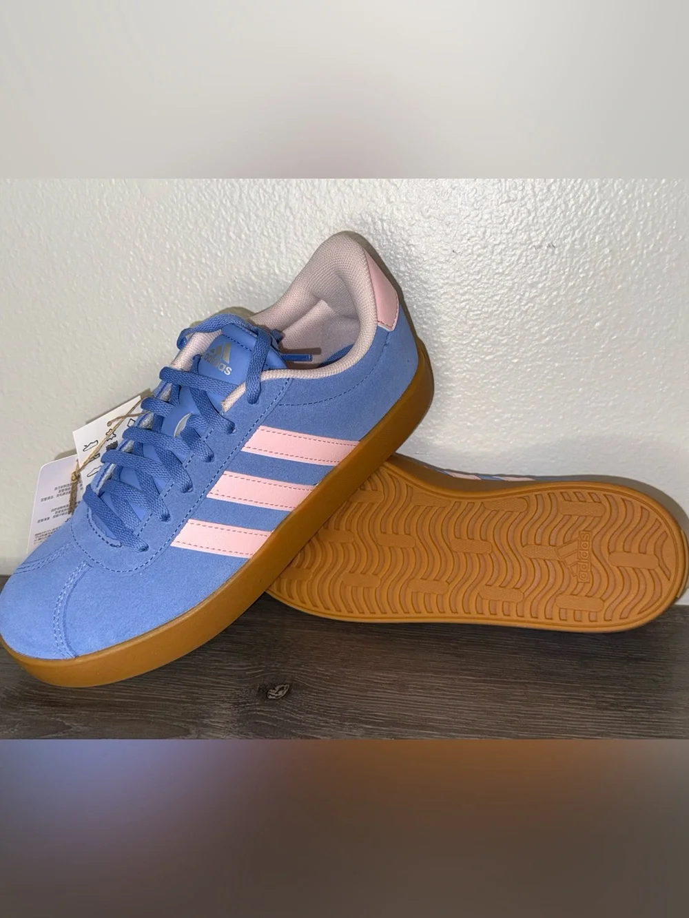 adidas VL Court 3.0 Blue Suede Sneakers w/ Pink Stripes & Gum Sole, Size 5Y NWT